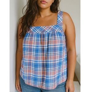 Talbots Womens 100% Linen‎ Gingham Tank Top XL Plaid Preppy Baby Doll Nautical